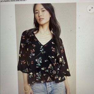 Anthropologie Parvati Black Top with Floral Embroidery